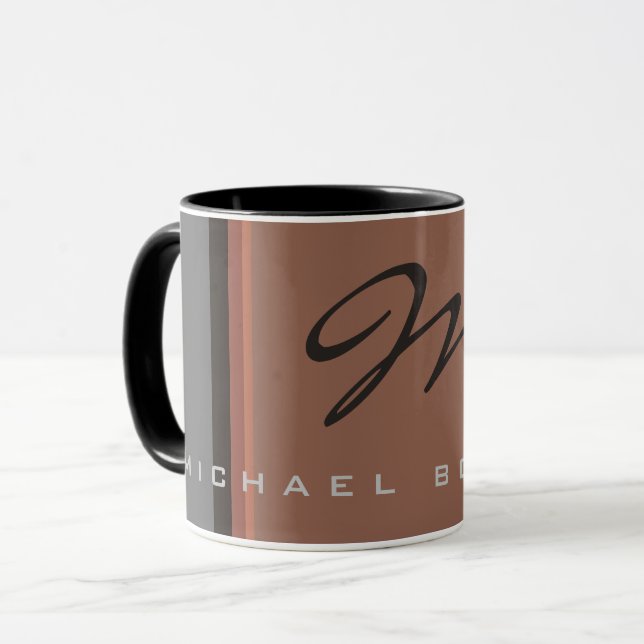 Elegant Black Monogrammed Grey Brown Handwriting Mug (Front Left)