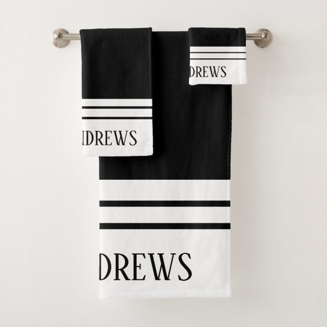 Elegant Black Monogrammed Name Bath Towel Set (Insitu)