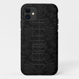 Elegant Black Monotones Floral Damasks-Monogram iPhone 11 Case