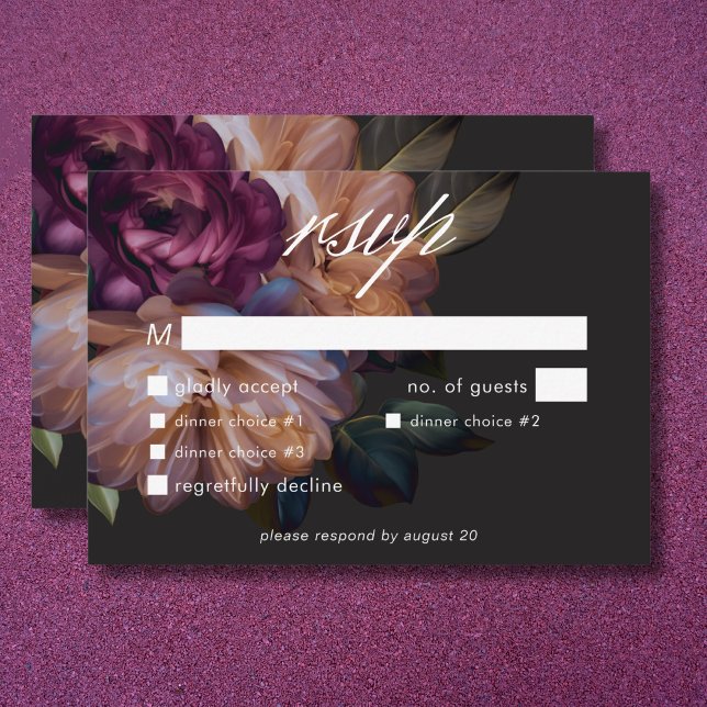 Elegant Black Moody Floral Wedding Three Dinner RSVP Card (Elegant Black Moody Floral Wedding Three Dinner RSVP Card)
