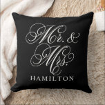 Elegant Black Mr and Mrs Script Custom Monogram Throw Pillow<br><div class="desc">Elegant square accent pillow for happy couples and newlyweds features a white script Mr. and Mrs. design with custom monogram text that can be personalized with the married last name. The black background colour can be customized to coordinate with your home or bedroom decor colours.</div>