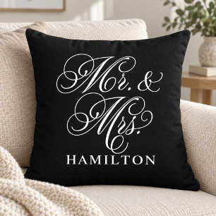 Elegant Black Mr and Mrs Script Wedding Throw Pillow