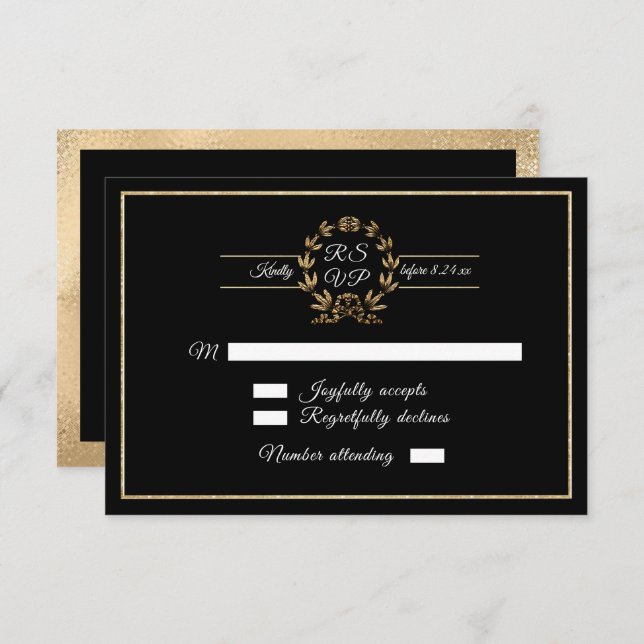 Elegant Black n Gold Wreath Script Calligraphy RSVP Card (Front/Back)
