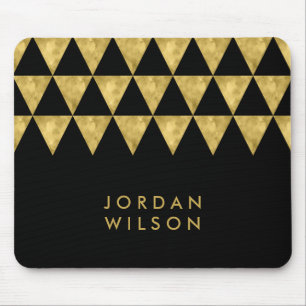 Elegant Black Name Faux Gold Triangle Pattern Mouse Pad