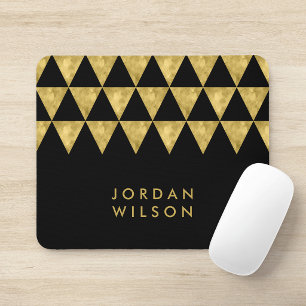 Elegant Black Name Faux Gold Triangle Pattern Mouse Pad