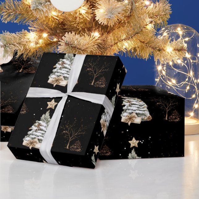 Elegant Black New Year Frosted Tree pine Wrapping Paper (Holidays)