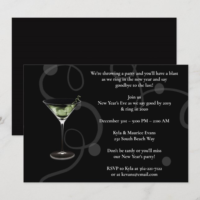 Elegant Black New Years Eve Party Invitation (Front/Back)