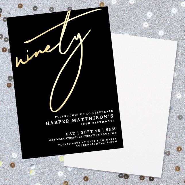 Elegant Black Ninety 90th Birthday Gold (Elegant Black Ninety 90th Birthday Gold Foil Invitation)