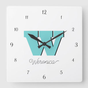 Elegant Black Numbers and Pastel Teal Monogram  Square Wall Clock