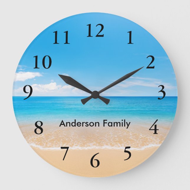 Elegant Black Numbers Aqua Beach Scene Personized Large Clock (Front)