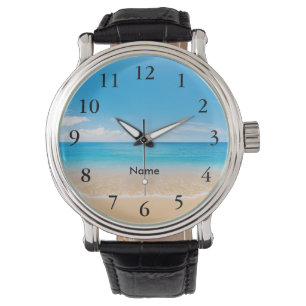 Elegant Black Numbers Aqua Beach Scene Personized Watch