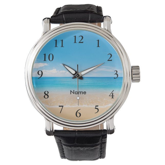 Elegant Black Numbers Aqua Beach Scene Personized Watch (Front)
