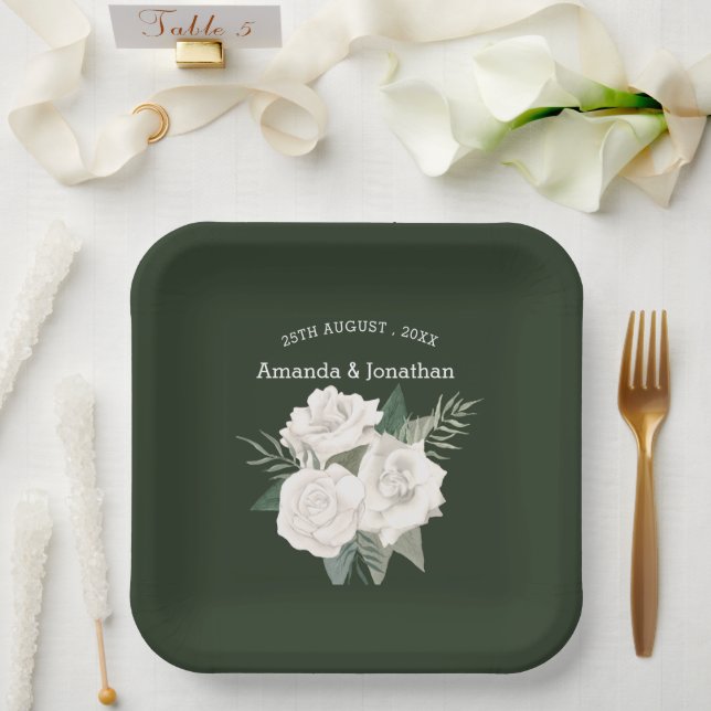 Elegant Black Olive Green and White Roses Wedding  Paper Plate (Wedding)