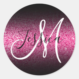 Elegant Black Ombre Faux Hot Pink Glitter Monogram Classic Round Sticker
