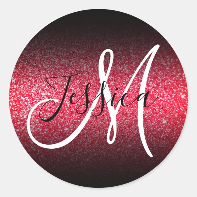 Elegant Black Ombre Faux Red Glitter Monogram Classic Round Sticker (Front)