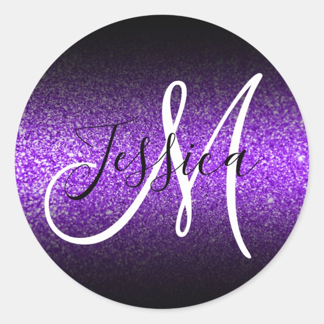 Elegant Black Ombre Faux Violet Glitter Monogram Classic Round Sticker (Front)