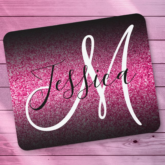 Elegant Black Ombre Hot Pink Glitter Monogram Mouse Pad (Creator Uploaded)