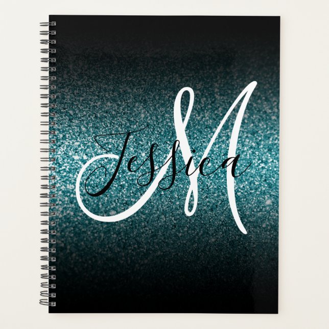Elegant Black Ombre Teal Glitter Monogram Planner (Front)