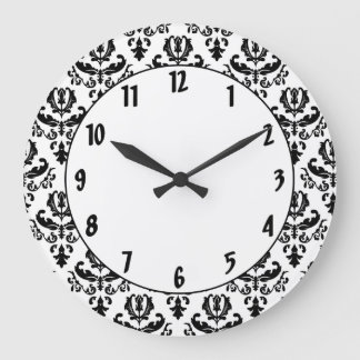 Elegant Black on White Damask Large Clock