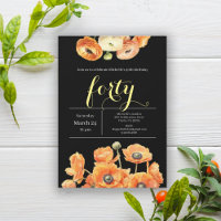Elegant Black Orange Floral 40th Birthday Party