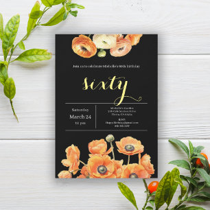 Elegant Black Orange Floral 60th Birthday Party Invitation