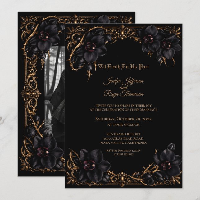 Elegant black Orchid Gothic wedding Invitation (Front/Back)