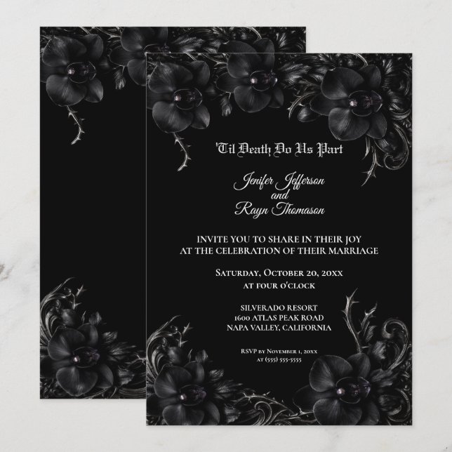 Elegant black Orchid Gothic wedding Invitation (Front/Back)
