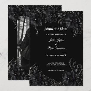 Elegant black Orchid Gothic wedding save the date Announcement