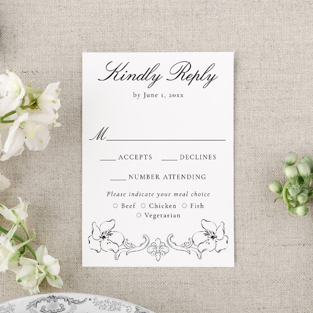 Elegant Black Ornate Floral Wedding RSVP Card (Creator Uploaded)