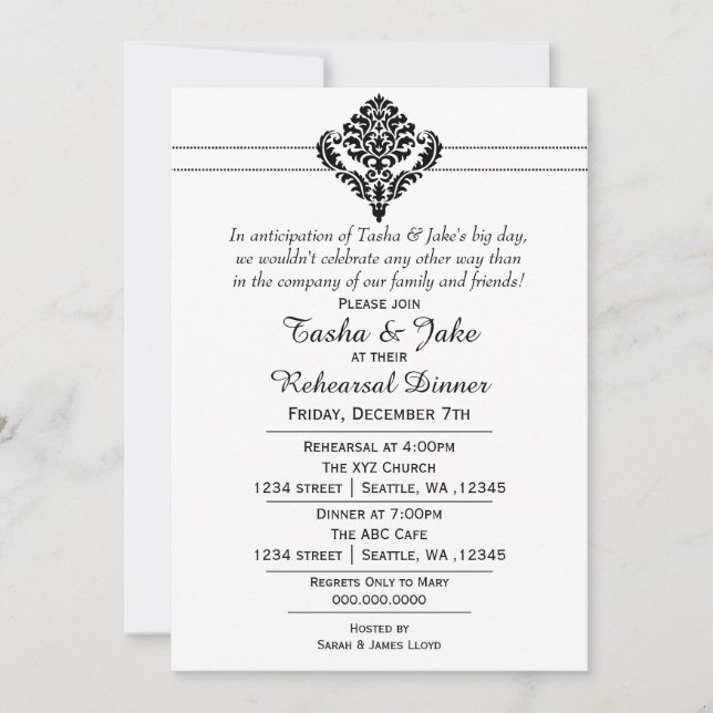 Elegant black ornate Rehearsal Dinner Invitation (Front)