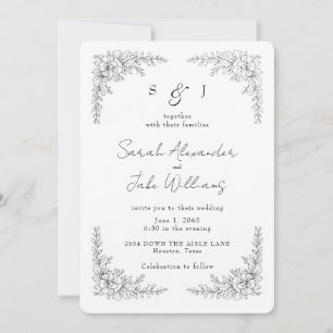 Elegant Black Outline Floral Wedding Website Invitation
