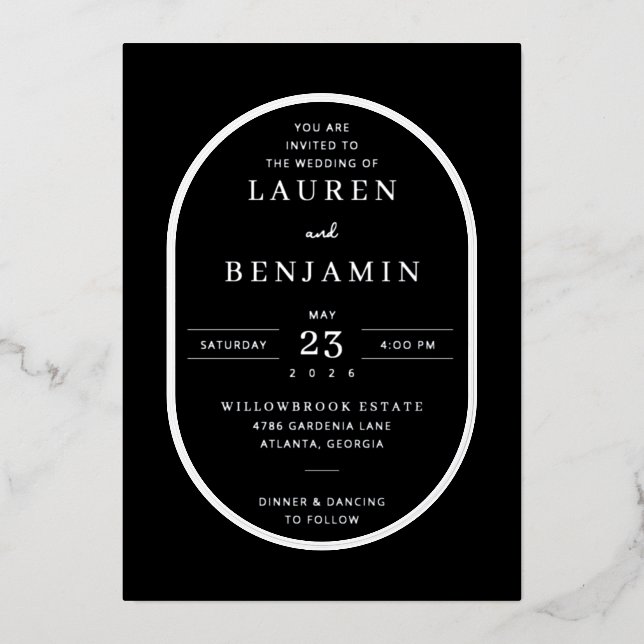 Elegant Black Oval Wedding Invitation (Front)