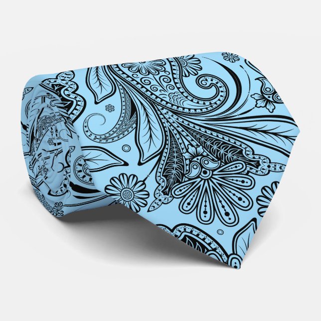 Elegant Black Paisley On Blue Background Tie (Rolled)