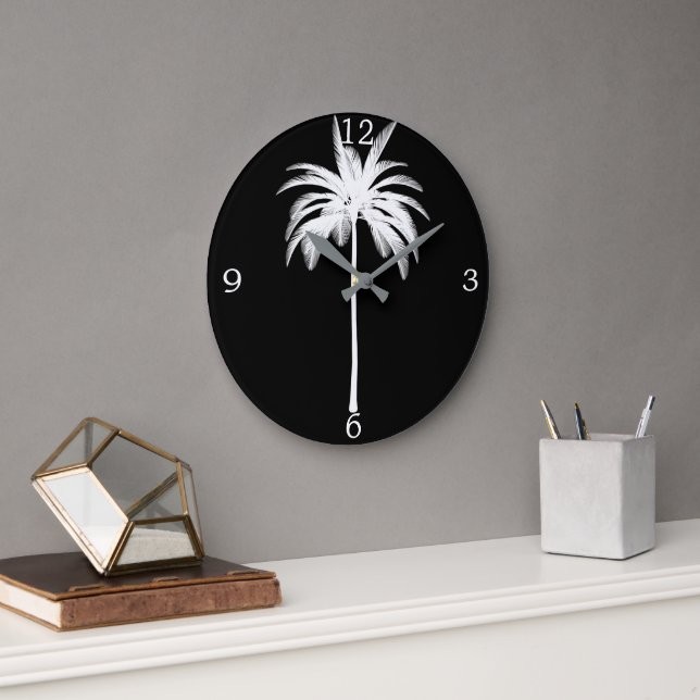 Elegant Black Palm Tree Vintage Tropical  Large Clock (Office)