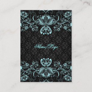 Elegant Black & Pastel Blue Floral Swirls Business Card