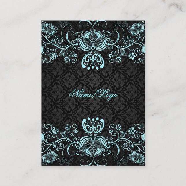 Elegant Black & Pastel Blue Floral Swirls Business Card (Front)