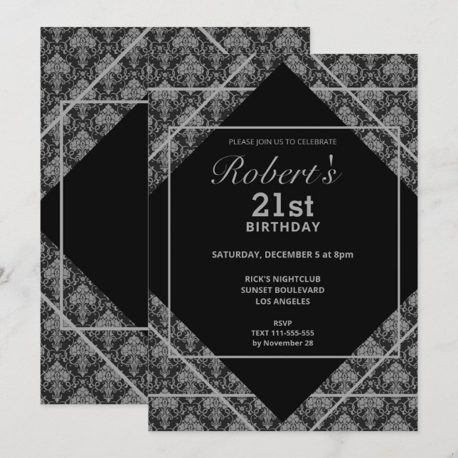 Elegant Black Pattern 21st Birthday Invitation (Front/Back)