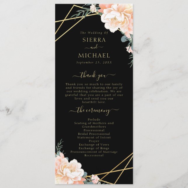 Elegant Black Peach Cream Gold Geometric Wedding Program (Front)