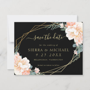 Elegant Black Peach Gold Floral Save the Date Invitation