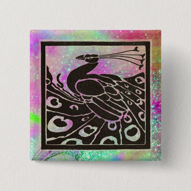 ELEGANT BLACK PEACOCK IN PURPLE BLUE SPARKLES 2 INCH SQUARE BUTTON (Front)