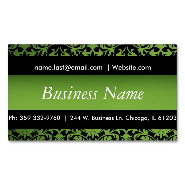 Elegant Black & Peridot Green Damask Design Magnetic Business Card (Front)