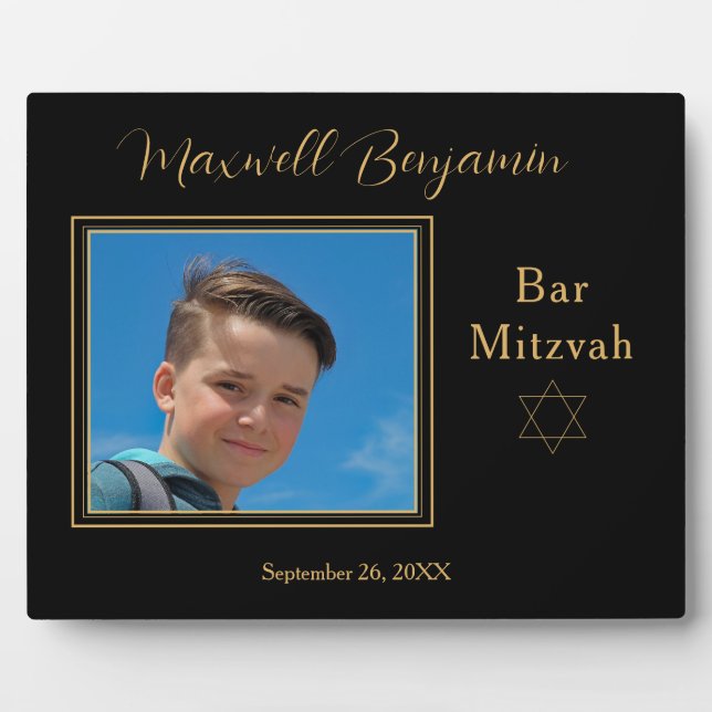 Elegant Black Personalized Bar Mitzvah Photo Plaque (Front)