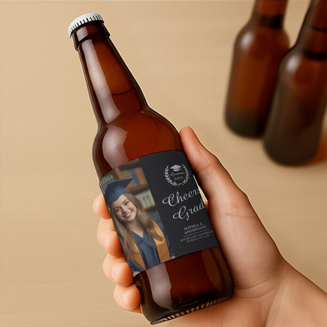 Elegant Black Personalized Cheers Grad Party Photo Beer Bottle Label (Creator Uploaded)