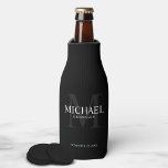 Elegant Black Personalized Groomsmen Bottle Cooler<br><div class="desc">Add a personal touch to your wedding with personalized groomsmen bottle cooler. This bottle cooler features personalized groomsman's name with title and wedding date in white and monogram in grey as background, in classic serif font style, on black background. Also perfect for best man, father of the bride, ring bearer...</div>