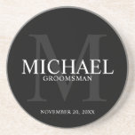 Elegant Black Personalized Groomsmen Coaster<br><div class="desc">Add a personal touch to your wedding with personalized groomsmen coaster. This coaster features personalized groomsman's name with title and wedding date in white and monogram in grey as background, in classic serif font style, on black background. Also perfect for best man, father of the bride, ring bearer and more....</div>