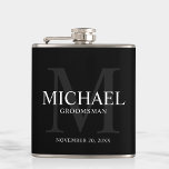 Elegant Black Personalized Groomsmen Hip Flask<br><div class="desc">Add a personal touch to your wedding with personalized groomsmen flask.
This flask features personalized groomsman's name with title and wedding date in white and monogram in grey as background,  in classic serif font style,  on black background.

Also perfect for best man,  father of the bride and more.</div>