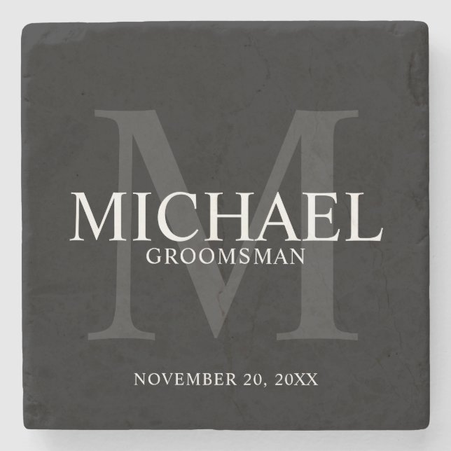 Elegant Black Personalized Groomsmen Stone Coaster (Front)