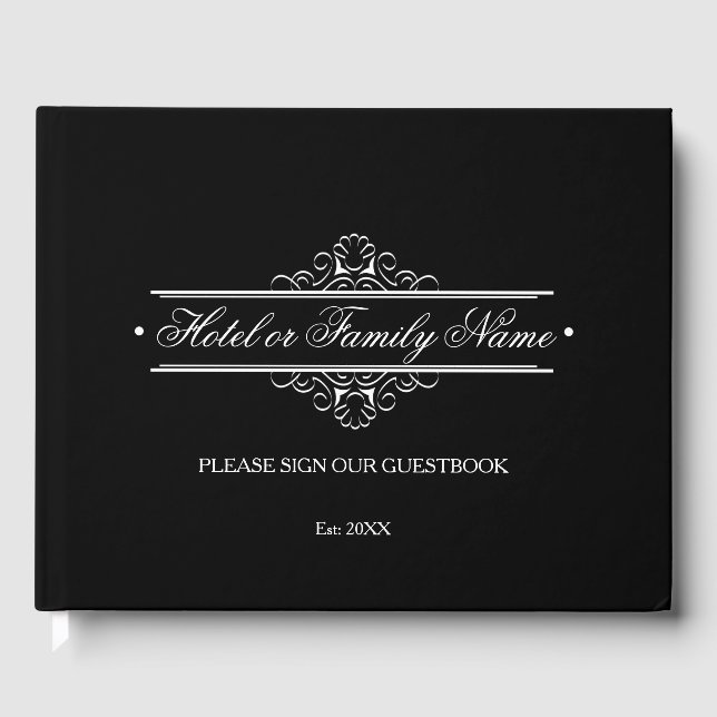 Elegant Black Personalized Hotel Or Family Guest Book (Front)
