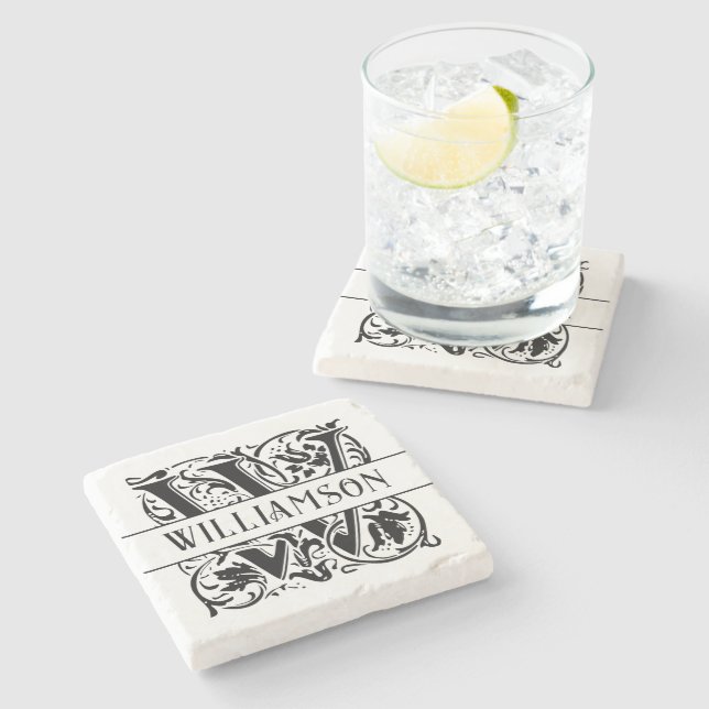 Elegant Black Personalized Initial W Monogram Name Stone Coaster (Side)