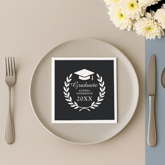 Elegant Black Personalized Name Graduation Emblem Napkin (Creator Uploaded)